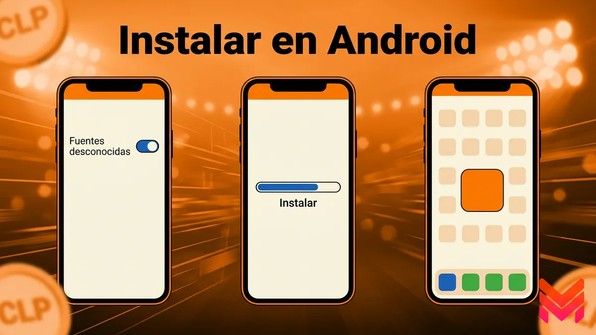 Tres pantallas de celular mostrando los pasos para instalar la app de Betano Chile en Android