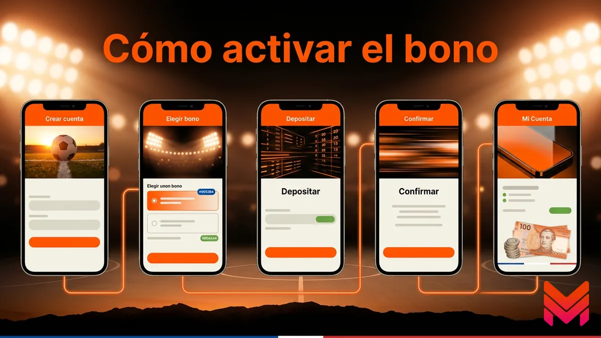 Pasos ilustrados para activar el bono de bienvenida de Betano Chile en la app